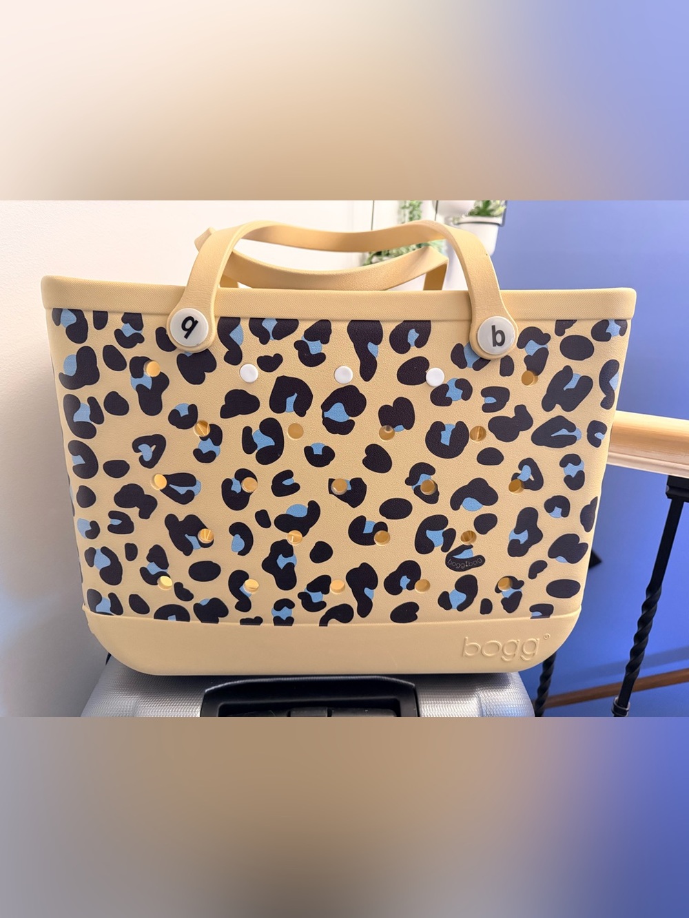 BOGG BAG Leopard-Print Tote in tan with Black and Blue Spots - Picture 4 of 5